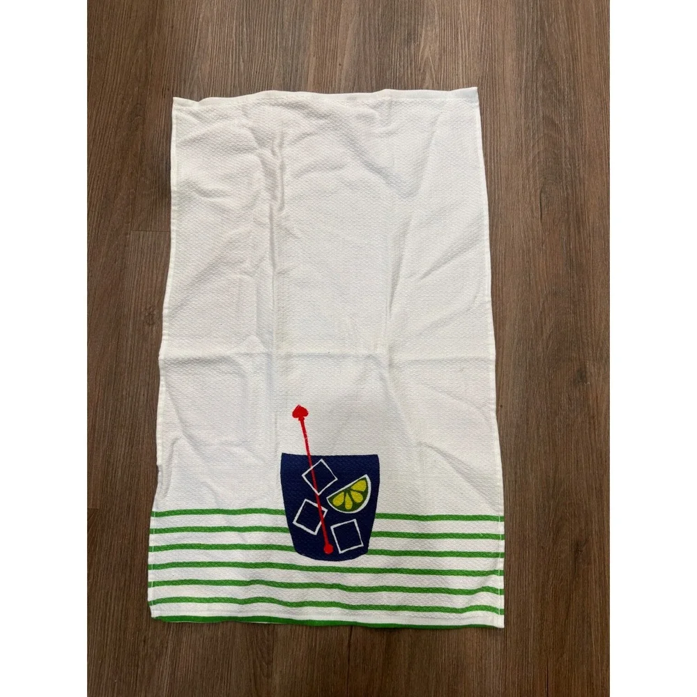 Kate‎ Spade New York Cocktail Graphic Kitchen Towel White Green Striped Cotton